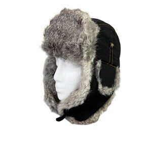 Mad Bomber Rabbit Fur Trapper Hat Size Small Black Chin Strap Ear Flaps Hunting